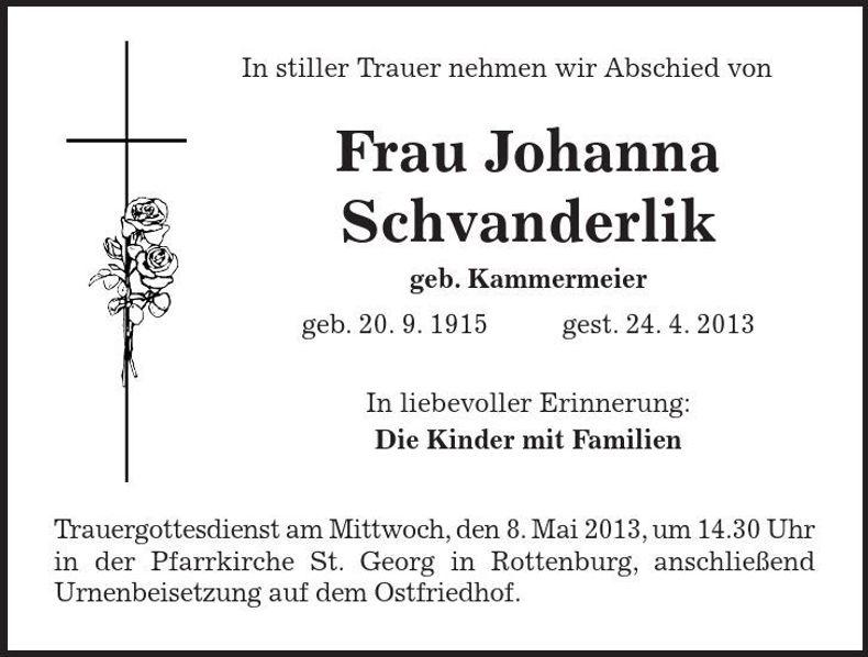 Traueranzeige Johanna Schvanderlik