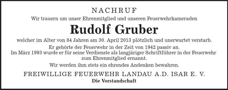 Traueranzeige Rudolf Gruber