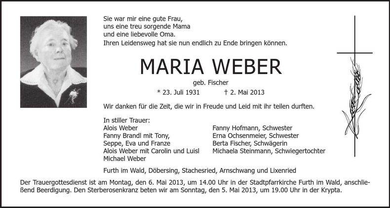 Traueranzeige Maria Weber