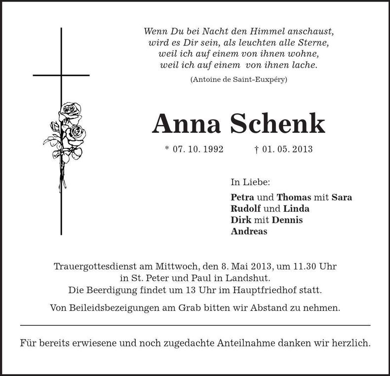 Traueranzeige Anna Schenk