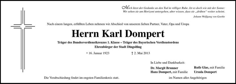 Traueranzeige Karl Dompert
