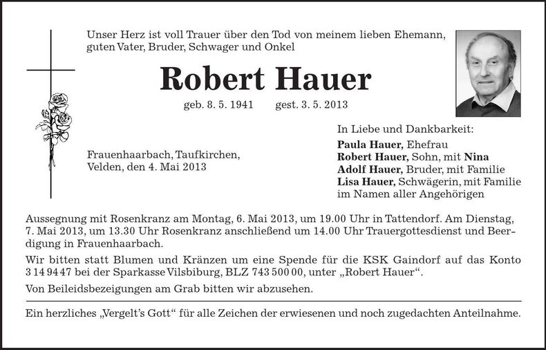 Traueranzeige Robert Hauer