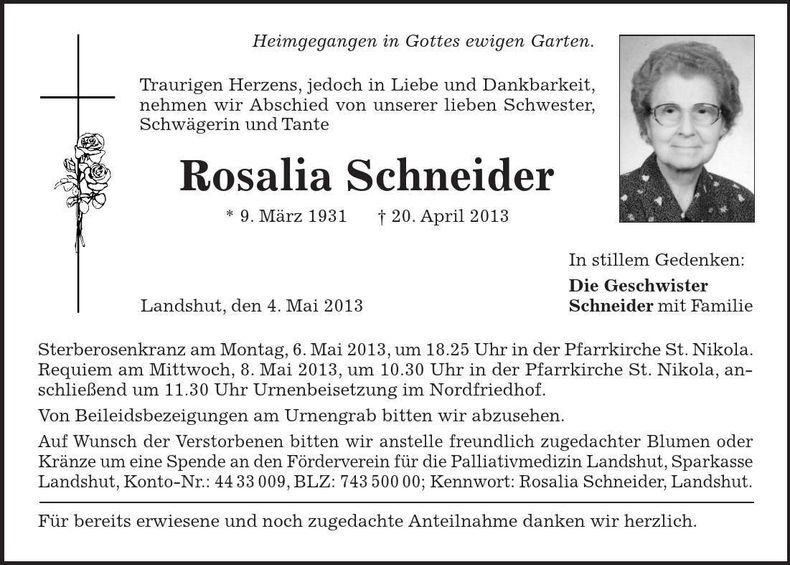 Traueranzeige Rosalia Schneider