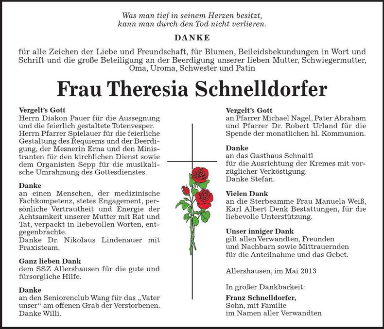 Traueranzeige Theresia Schnelldorfer
