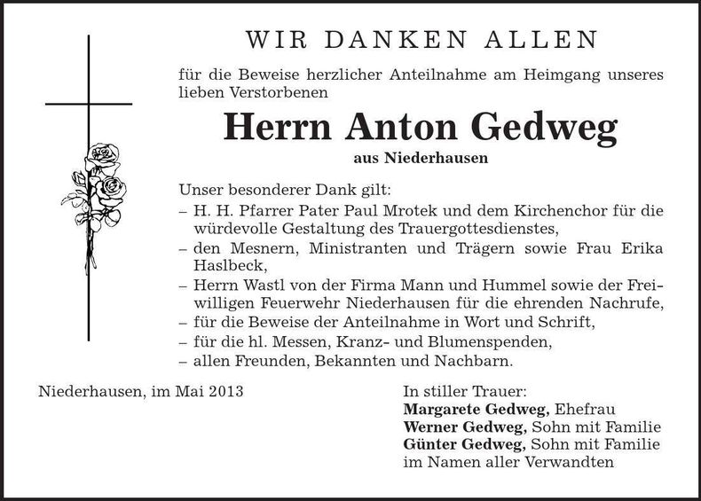 Traueranzeige Anton Gedweg