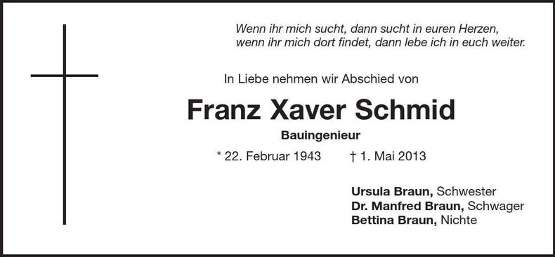 Traueranzeige Franz Xaver Schmid