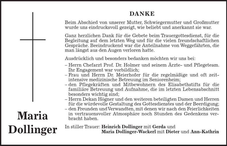Traueranzeige Maria Dollinger