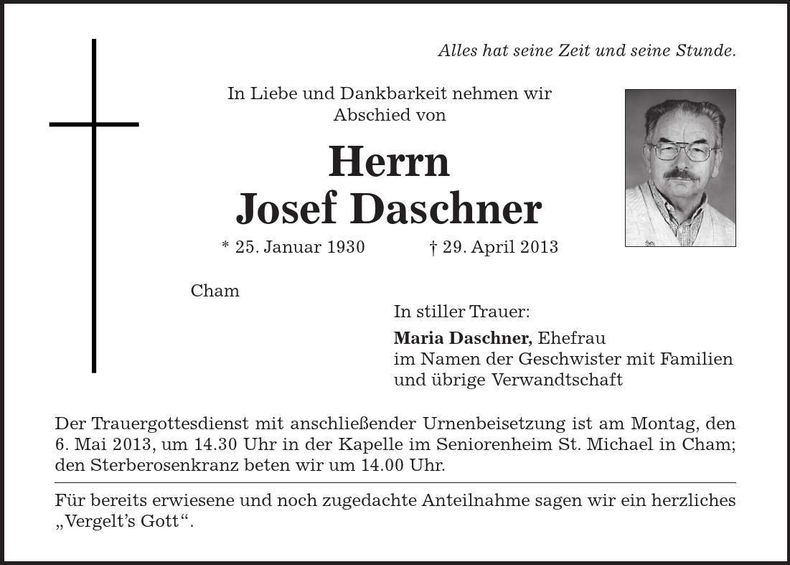 Traueranzeige Josef Daschner