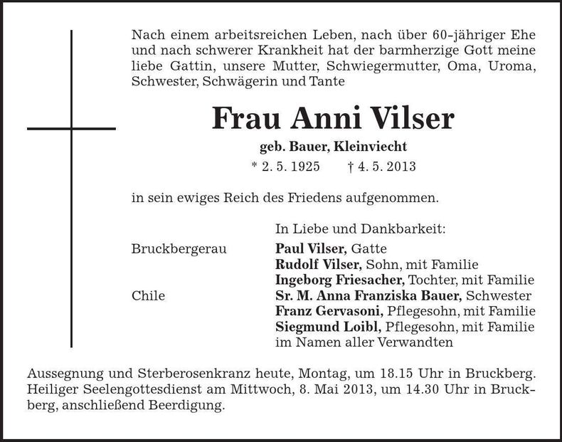Traueranzeige Anni Vilser