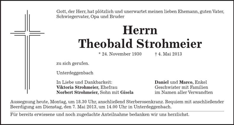 Traueranzeige Theobald Strohmeier