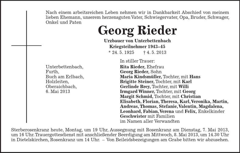 Traueranzeige Georg Rieder