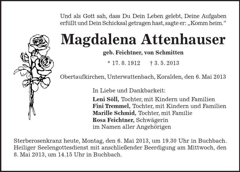 Traueranzeige Magdalena Attenhauser