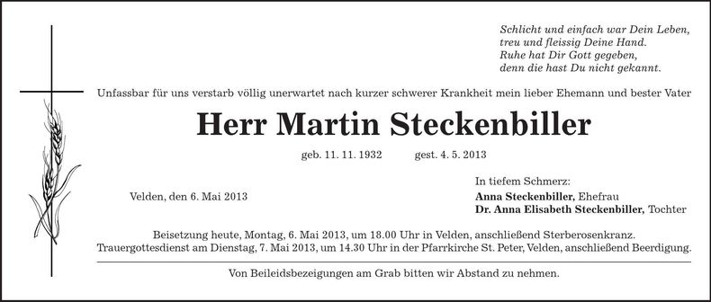 Traueranzeige Martin Steckenbiller