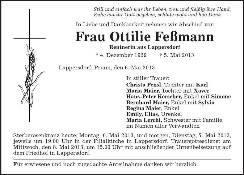 Traueranzeige Ottilie Feßmann
