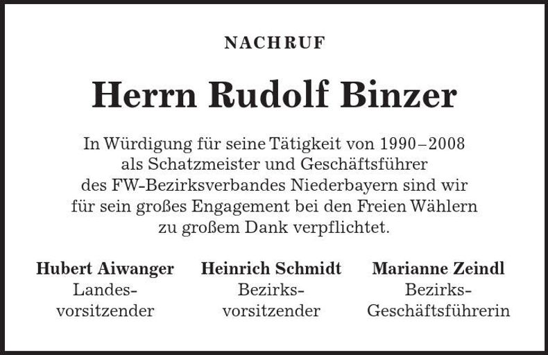Traueranzeige Rudolf Binzer
