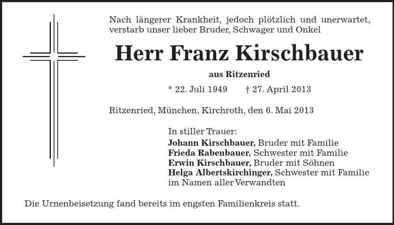 Traueranzeige Franz Kirschbauer