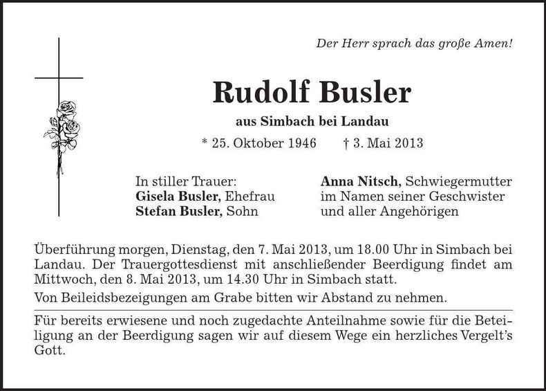 Traueranzeige Rudolf Busler