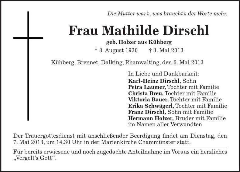 Traueranzeige Mathilde Dirschl