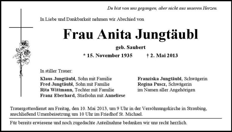Traueranzeige Anita Jungtäubl