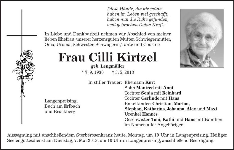 Traueranzeige Cilli Kirtzel