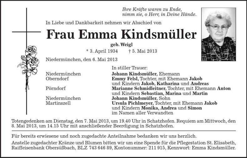 Traueranzeige Emma Kindsmüller