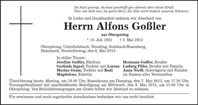 Traueranzeige Alfons Goßler