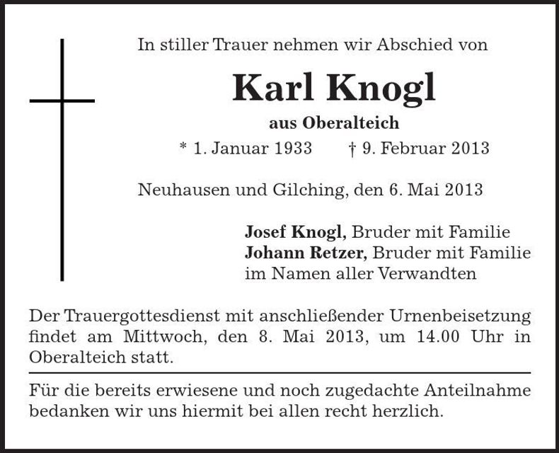 Traueranzeige Karl Knogl