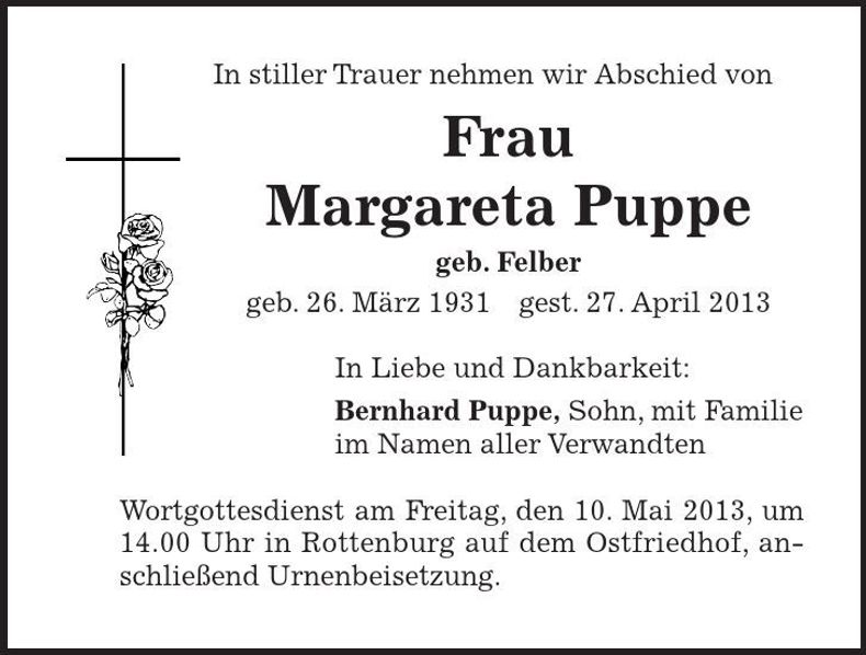 Traueranzeige Margaretha Puppe