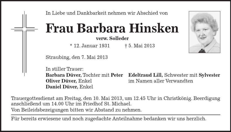 Traueranzeige Barbara Hinsken
