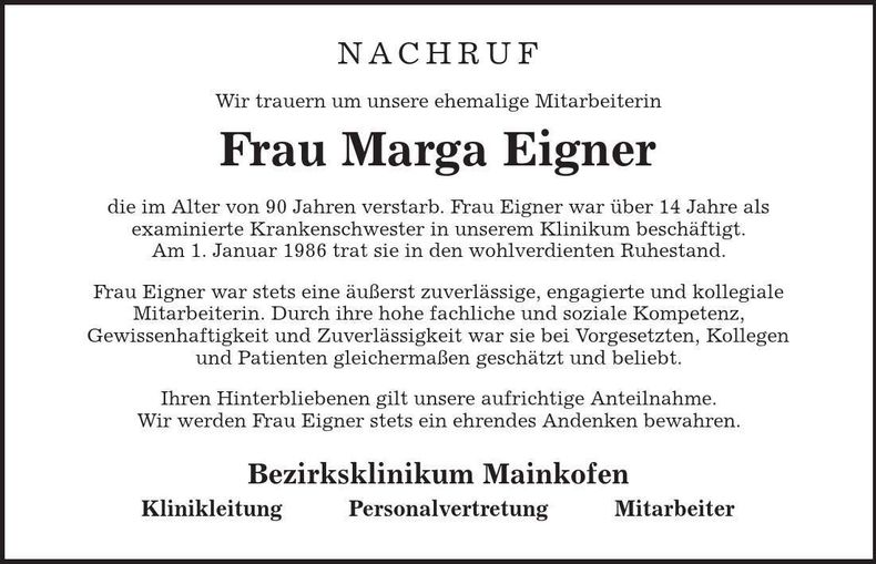 Traueranzeige Marga Eigner