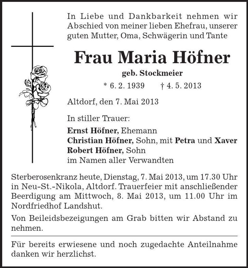 Traueranzeige Maria Höfner