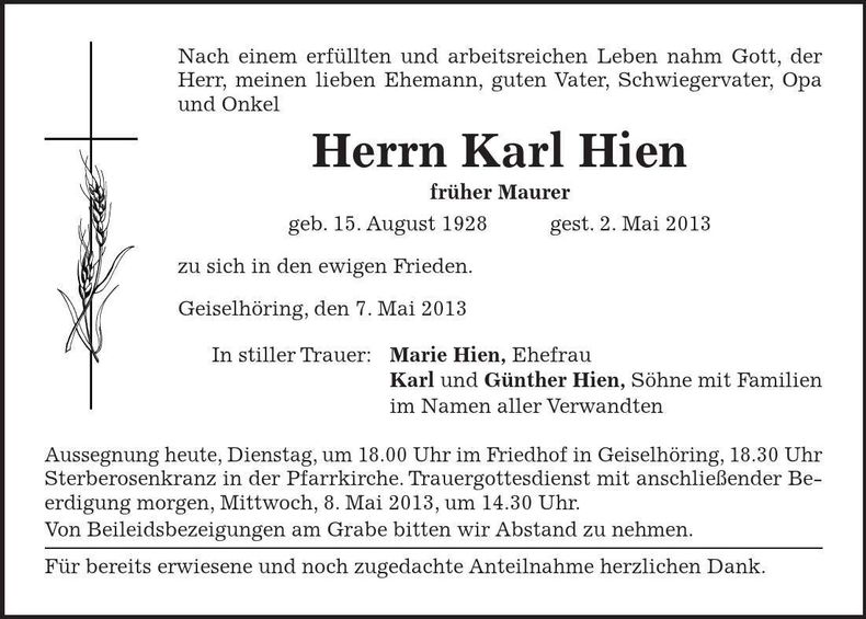 Traueranzeige Karl Hien