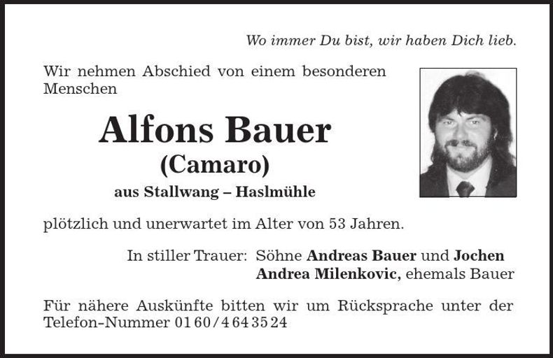 Traueranzeige Alfons Bauer