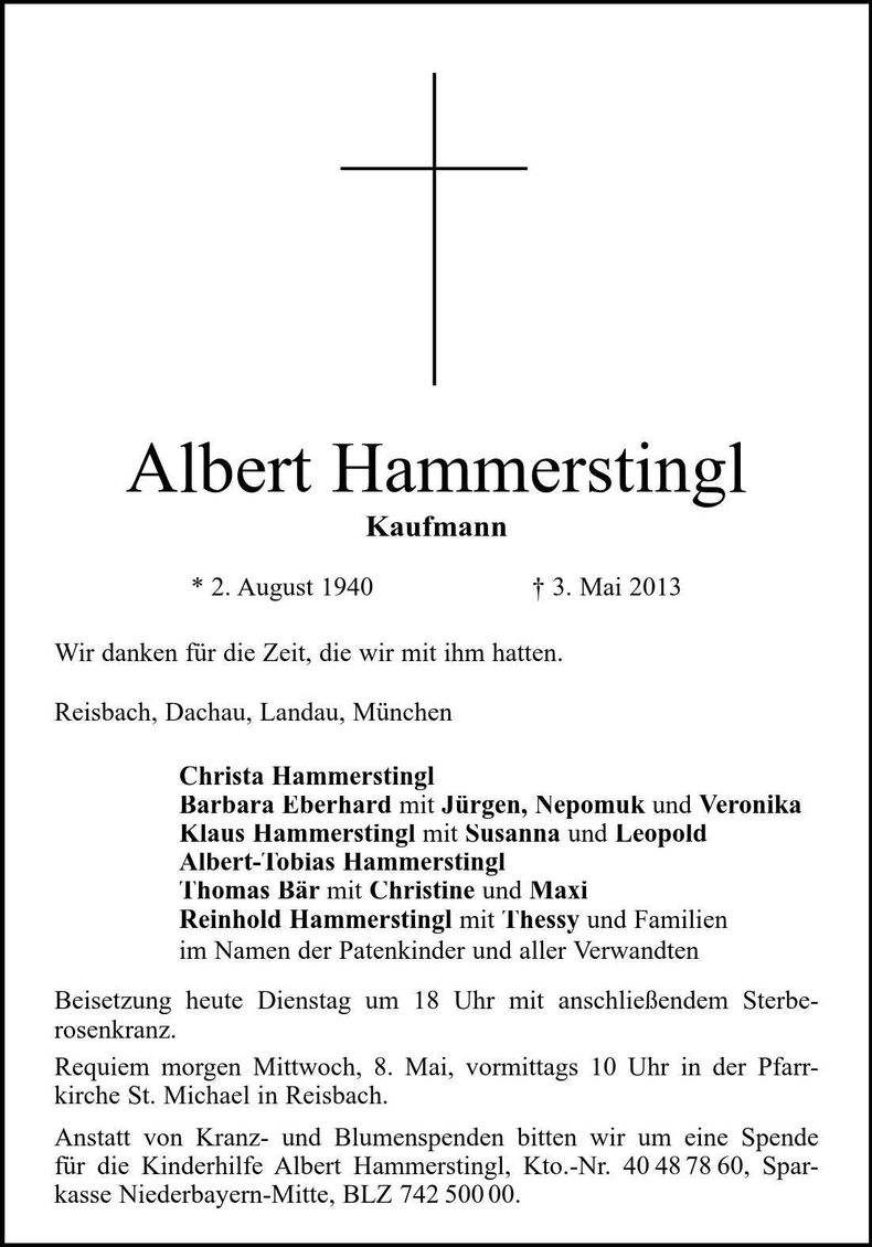 Traueranzeige Albert Hammerstingl