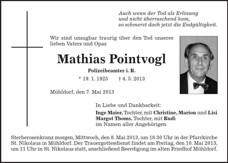Traueranzeige Mathias Pointvogl