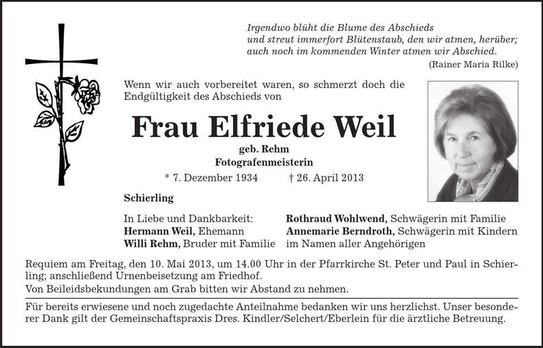 Traueranzeige Elfriede Weil