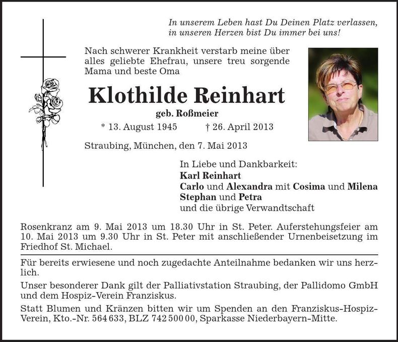 Traueranzeige Klothilde Reinhart