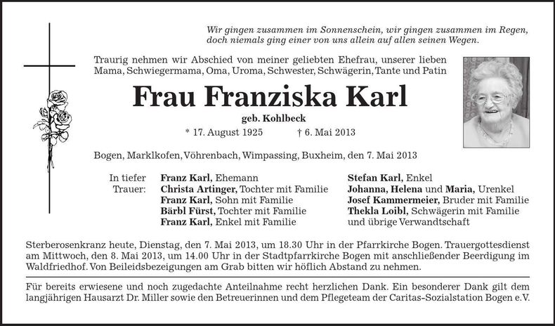 Traueranzeige Franziska Karl