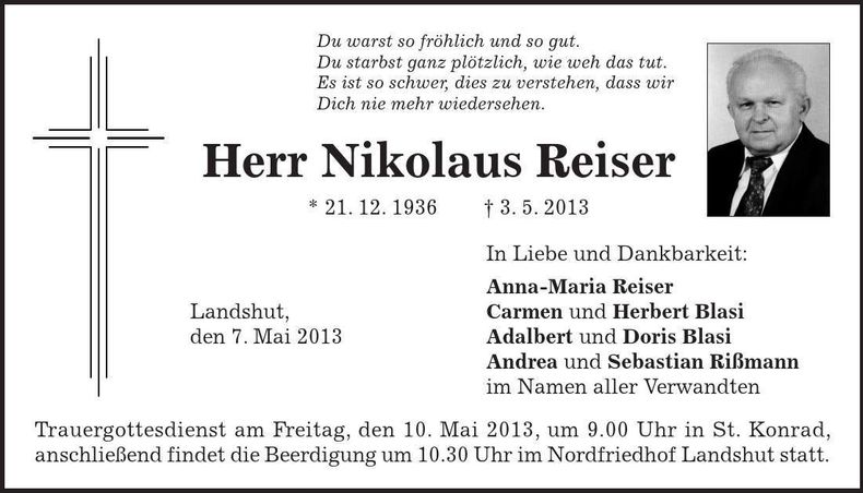 Traueranzeige Nikolaus Reiser