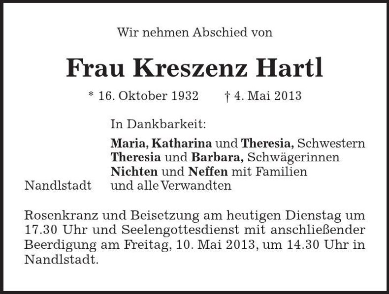 Traueranzeige Kreszenz Hartl