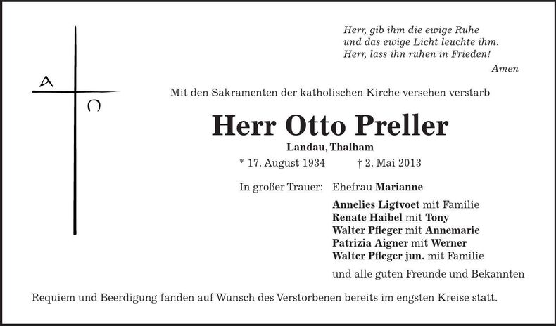 Traueranzeige Otto Preller