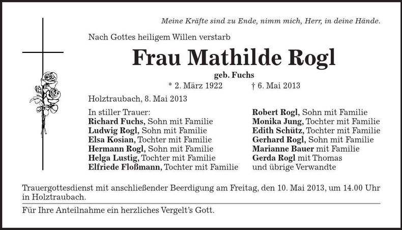 Traueranzeige Mathilde Rogl