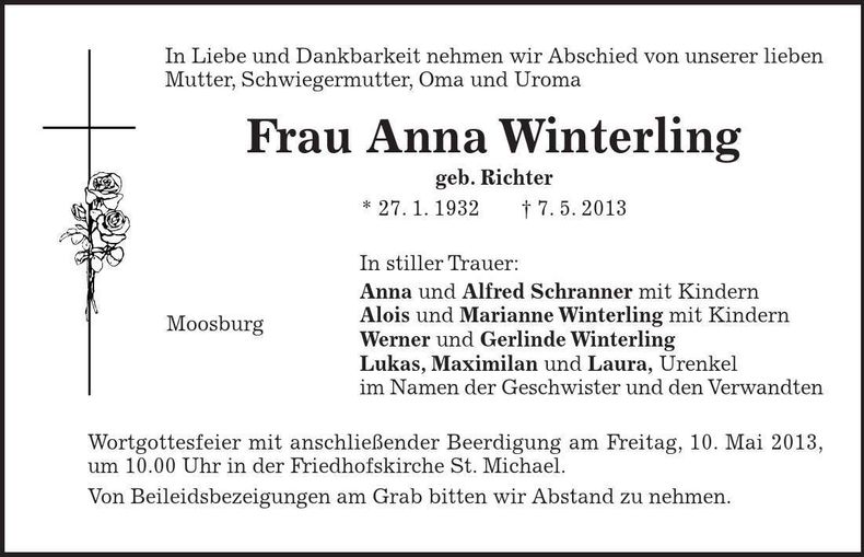 Traueranzeige Anna Winterling