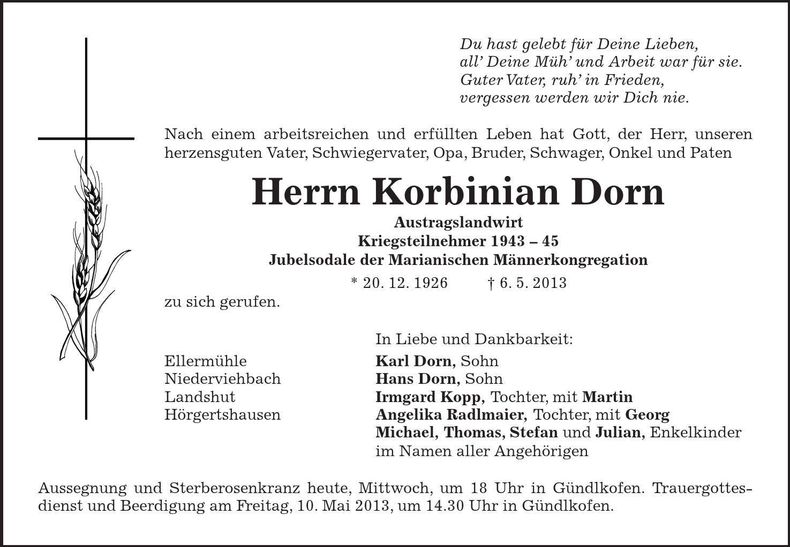 Traueranzeige Korbinian Dorn