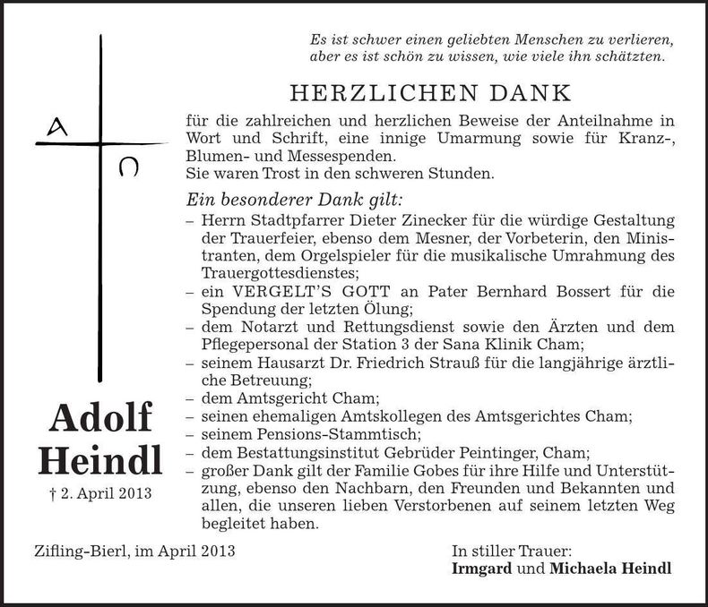 Traueranzeige Adolf Heindl