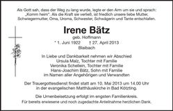 Traueranzeige Irene Bätz