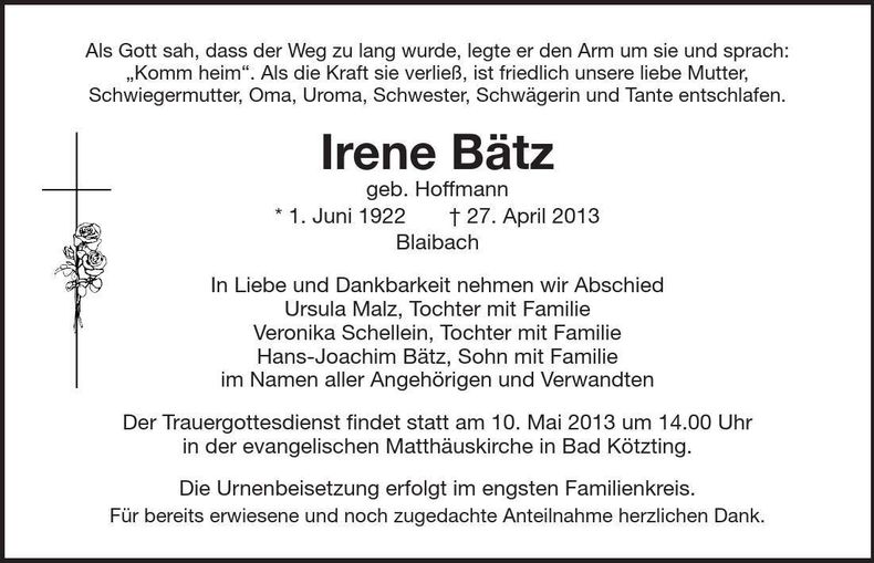 Traueranzeige Irene Bätz