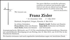 Traueranzeige Franz Zilser