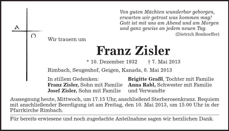 Traueranzeige Franz Zilser