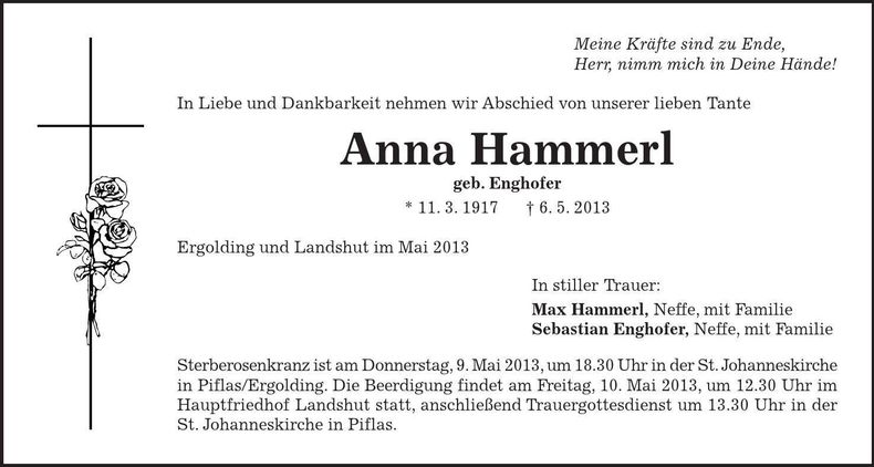Traueranzeige Anna Hammerl